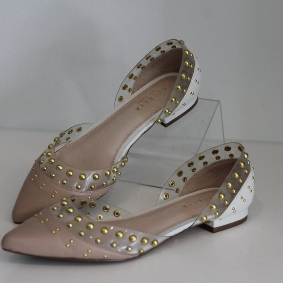 Cecelia New York Min White Ballet Flats Clear Chic Pointy Studded Shoes 7.5 - Picture 5 of 8